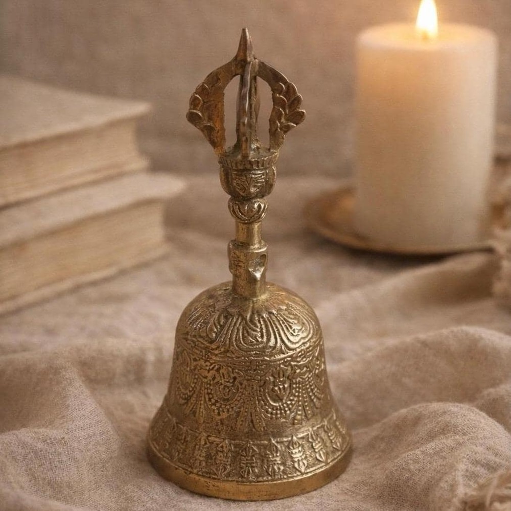 Vintage Brass Hand Bell Tibetan‎ Style Temple Meditation Ornate India Decor